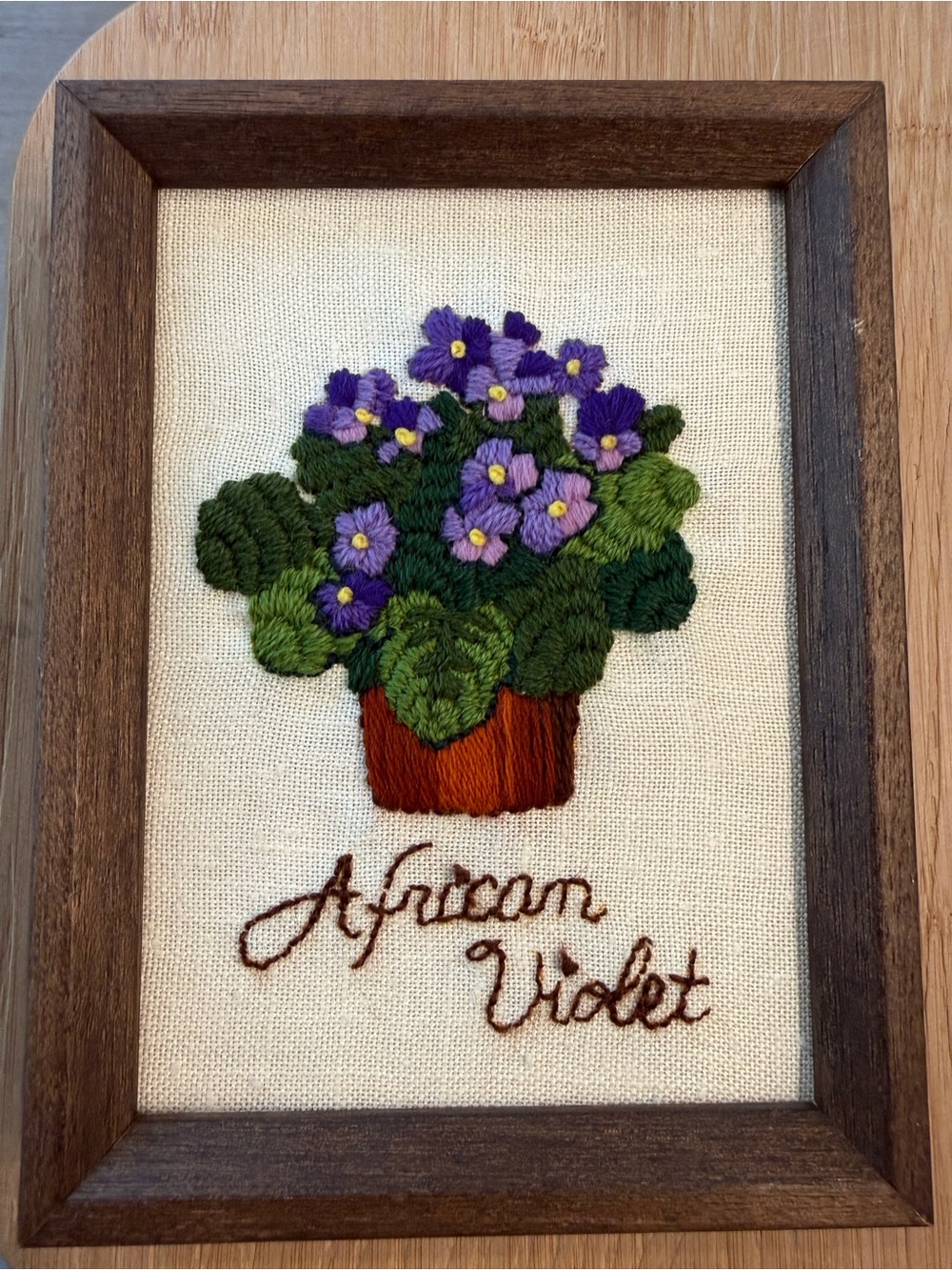 Vintage Floral Crewel Embroidery Wall Art African Violet Cottagecore Cozy Cabin